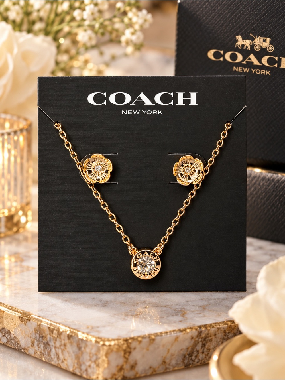 Coach Open Circle Crystal Necklace & Tea Rose Stud Earrings Gold Tone Set